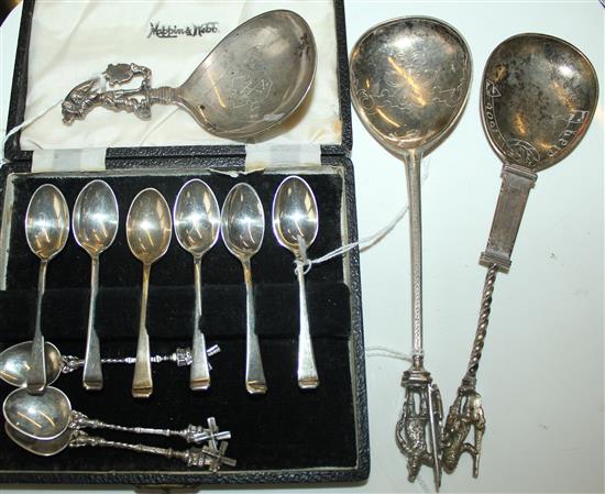 6 silver coffee spoons, cased, 3 windmill finial spoons, 2 Cont warrior finial spoons & a similar Vict caddy spoon